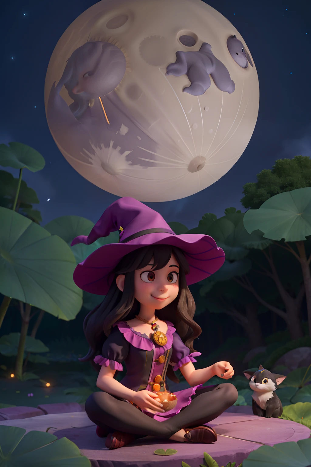 High-quality artwork, with a fisheye effect, featuring a 35-year-old cute witch sitting in a lotus position in a magical forest at night. The focus is on the upper body with medium-sized, cute features. She has brown eyes, medium-dark wavy hair with a side-swept fringe, and a simple smile. She's wearing a purple dress with black leggings, a witch's hat, and there are fireflies and glows around. The background includes an epic sky, wolves, cats, the moon, dynamic lighting, and dynamic shadows, all from a low angle.