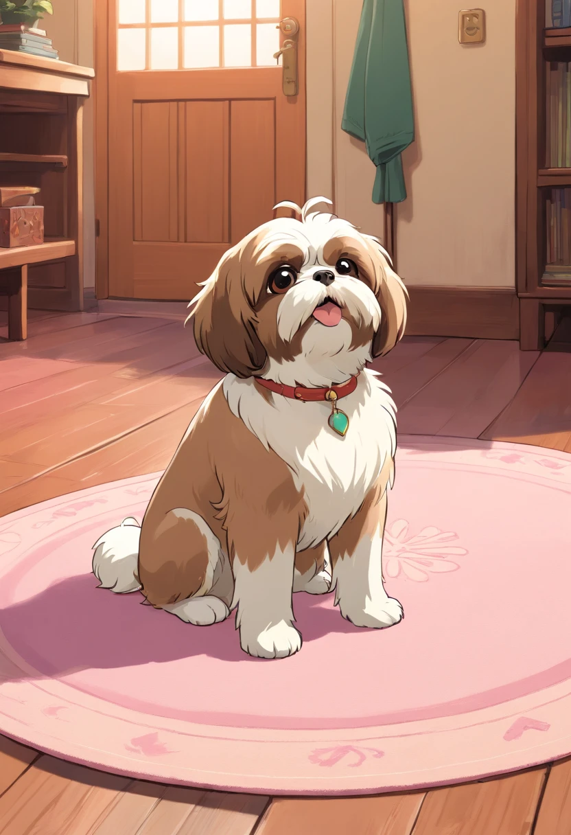 Generate a high-resolution image of a Shih Tzu dog sitting on a cream-colored rug with a geometric pattern. The dog has a distinctive short and stout body, with a round face, large, dark eyes, and a short snout. Its fur is white with light brown patches, particularly around the face and ears. The dog looks directly at the camera with a gentle and inquisitive expression. In the background, there's a pink metal pet gate and a glimpse of a room with wooden flooring and traditional decor. The lighting is warm and natural, suggesting an indoor setting during the daytime.