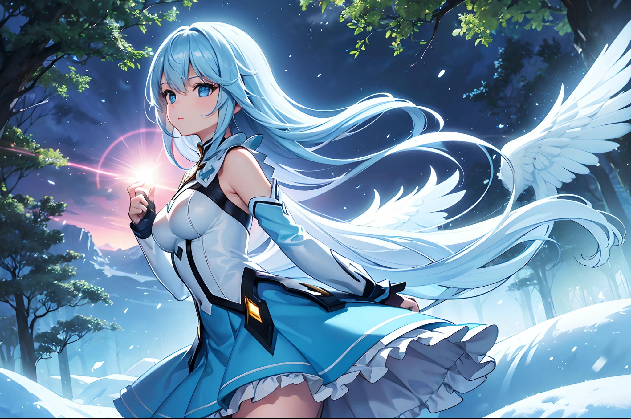 ((ultra-detailliert)), ((Best Illustration)), ((Movie Lighting)), Dynamic Angle, floating, Fine, (The Flash: 1.2), (shine: 1.2), (shine: 1.2), "(Best Quality), Super detailed depiction of a beautiful girl, Light blue long hair、Twin-tailed、 colorful outfit、In the colorful forest、Surrounded by snow-white owls and vivid vegetation.", Cinematic, Refreshing, essence, Rim Lights, Scattering