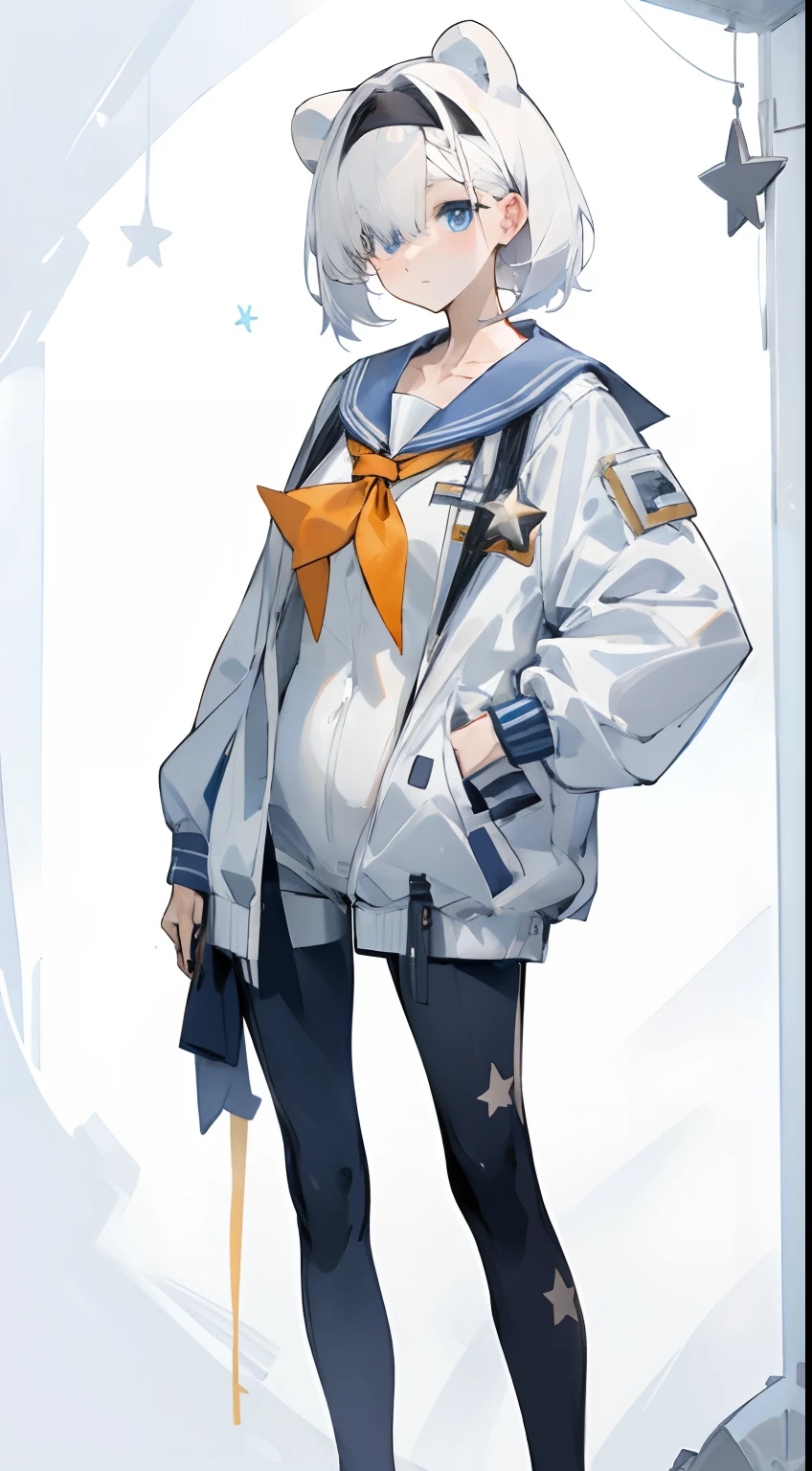 Leakage out of the collarbone,Neck leakage,Star decoration,stand posture,standing straight,there is a woman in a sailor suit posing for a picture,white backgrounid