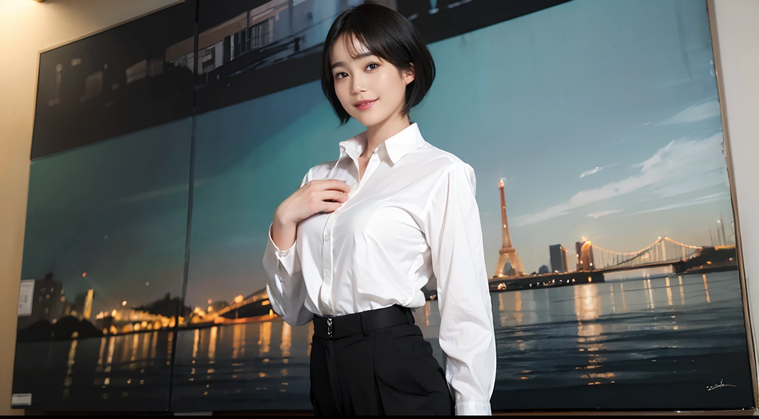 87
(a 20 yo woman,is standing), (A hyper-realistic), (masutepiece), ((short-hair:1.46)), (Smooth black hair), (Breast:1.0), (kindly smile), wear long pants, (Wearing a long-sleeved shirt), (Beautiful skin:1.5), (Big paintings)