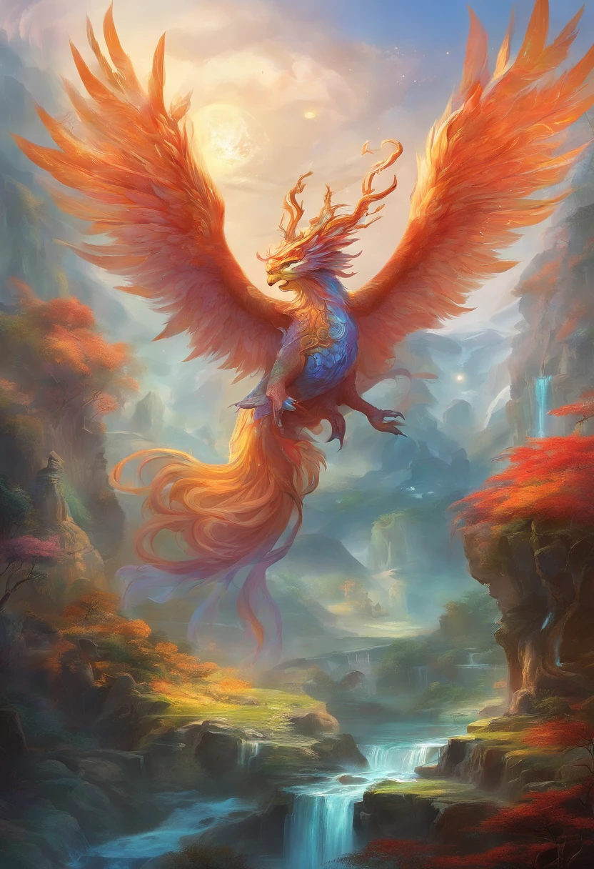 mythological creatures,((Chinese mythology Dapeng)),Traditional Chinese elements,Ancient murals,Illustrative myths,Fuyao Legend,Dappled light,Hazy haze,mystical aura,tmasterpiece,k hd,Rich in color,Detailed details,Seven colors