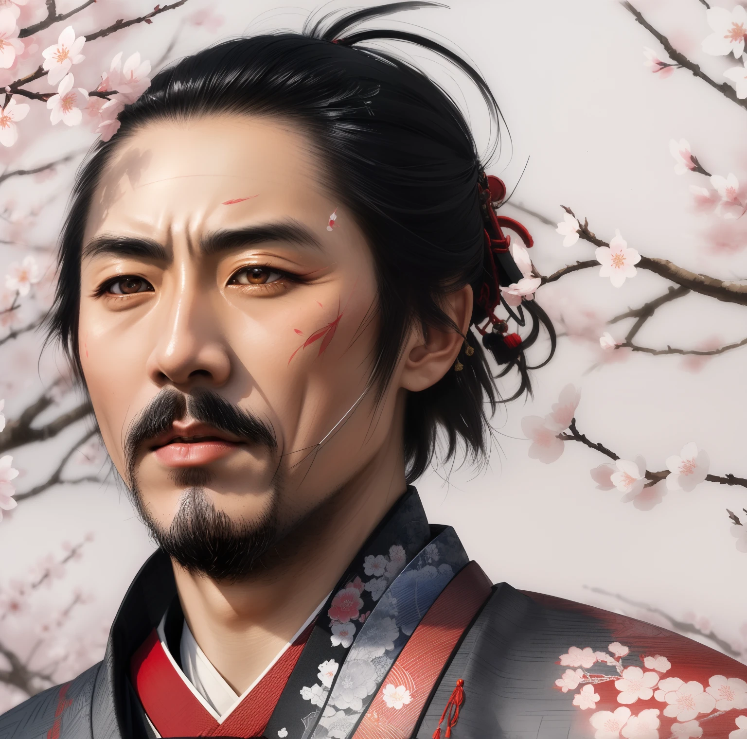 (best quality, highres, masterpiece:1.2), ultra-detailed, traditional Japanese samurai in traditional attire, vivid colors, bokeh, intense facial expression, katana, cherry blossoms, samurai armor, dynamic pose, dramatic lighting, ink wash painting style, traditional Japanese landscape, stoic expression,colorful