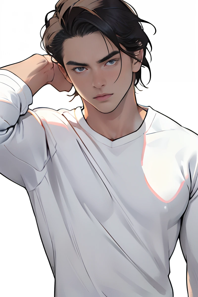 ember, male people, youthfulness, japanes, (White background, Solid white background:1.5), (Realistic:1.2), (masterpiece:1.2),(cowboy shot:1.2), (Detailed face:1.2), (FULL BODYSHOT:1.2), Detailed eyes, (Natural lighting:1.2), Solo, Casual Fashion, Modern, A dark-haired, Black eye, gentle, smart, Black sweater,