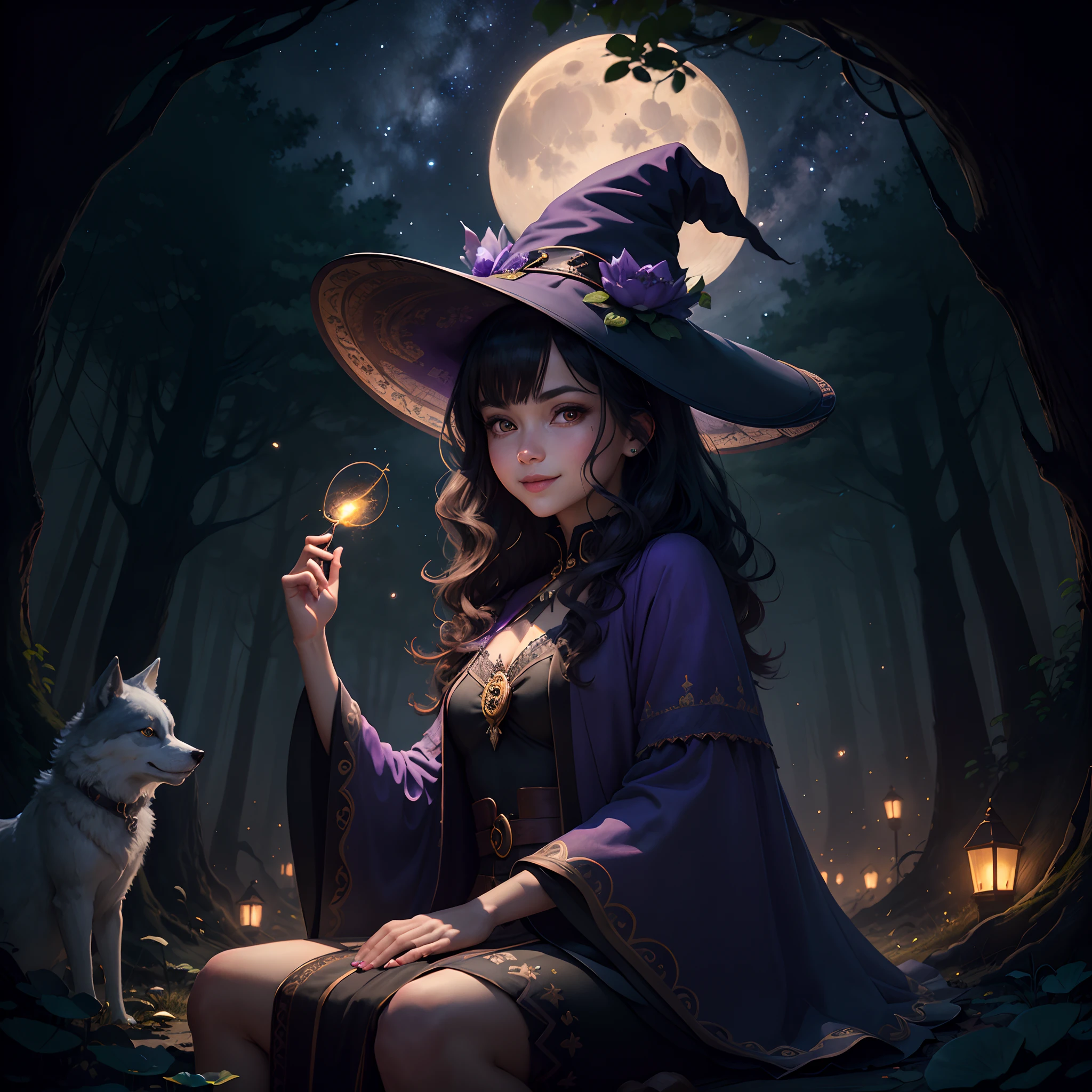 Certainly, here's the description in English:
High-quality artwork, with a fisheye effect, featuring a 35-year-old cute witch sitting in a lotus position in a magical forest at night. The focus is on the upper body with medium-sized, cute features. She has brown eyes, medium-dark wavy hair with a side-swept fringe, and a simple smile. She's wearing a purple dress with black leggings, a witch's hat, and there are fireflies and glows around. The background includes an epic sky, wolves, cats, the moon, dynamic lighting, and dynamic shadows, all from a low angle. Disney 2d
