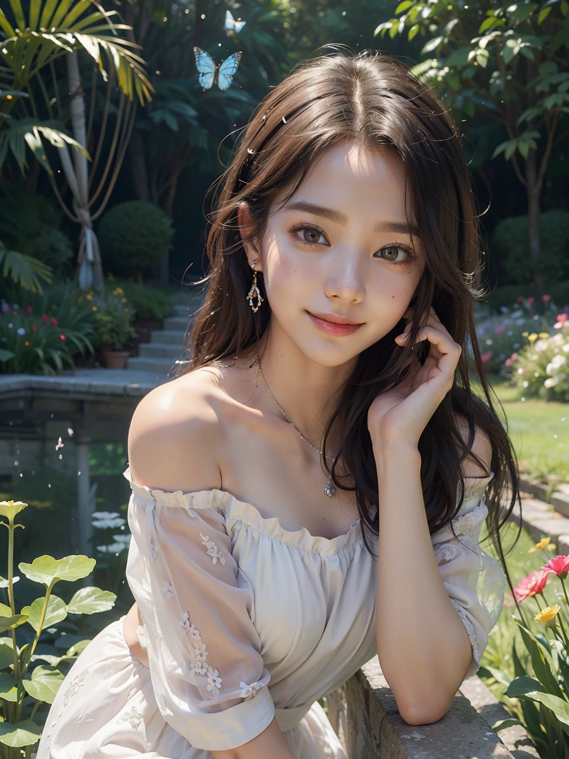 (Best Quality,masutepiece,Ultra-high resolution,Photorealistic,1girl in,Off-shoulder,Smiling),Oil Painting,Fine details,Gorgeous flowers,Colorful garden,vibrant atmosphere,soft sunlight,Warm and cheerful atmosphere,Delicate brush strokes,Expressive eyes,Subtle blush on the cheeks,Natural flowing hair,Dainty Necklace,Lovely Summer Dresses,playful pose,Graceful movement,Sunken garden background,Dew drops on the leaves,glowing butterflies,joyous laughter,Crisp details on the petals,lifelike textures,Rich color palette,Beautiful skin texture,Subtle highlights and shadows,Impeccable attention to detail,Emotional connection with the viewer,Calm and quiet atmosphere,Immersive and captivating artwork,Brilliant use of light and shadow,Meticulous composition,Skillful use of perspective,Brilliant execution of the subject,Artistic interpretation of beauty and happiness.