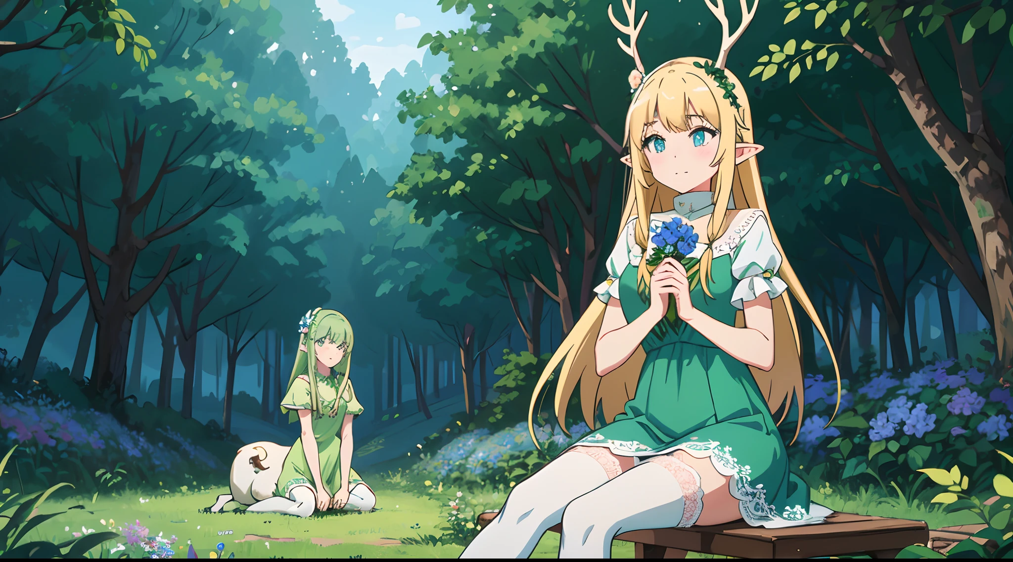 Long hair green girl,blue color eyes,Elf style,Wearing a long green lace dress,The scene is in the forest,Over-the-knee white lace stockings,Sit on a yellow deer,Holding a pale blue flower in his hand。