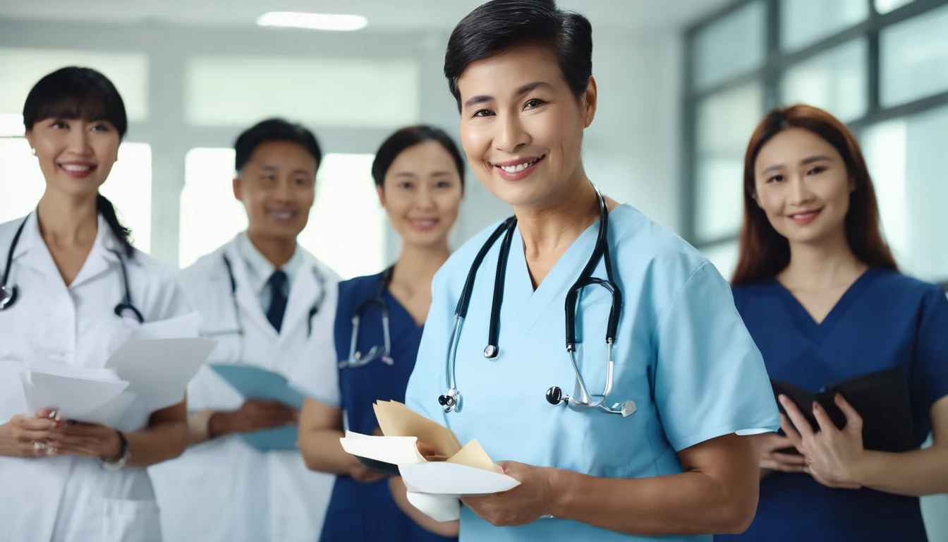 (best quality, highres, masterpiece:1.2), movie stills, in a hospital, 3 medical staff, 1 nurse, 1 senior doctor, holding notes, looking into the camera, Chinese, close-up, bright, joyful, warm soft sunlight