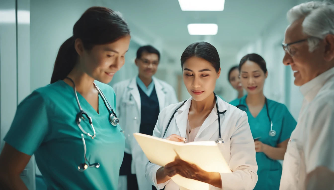 (best quality, highres, masterpiece:1.2), movie stills, in a hospital, 3 medical staff, 1 nurse, 1 senior doctor, holding notes, looking into the camera, Chinese, close-up, bright, joyful, warm soft sunlight