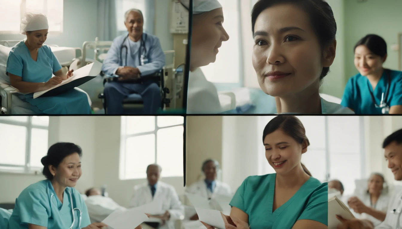 (best quality, highres, masterpiece:1.2), movie stills, in a hospital, 3 medical staff, 1 nurse, 1 senior doctor, holding notes, looking into the camera, Chinese, close-up, bright, joyful, warm soft sunlight