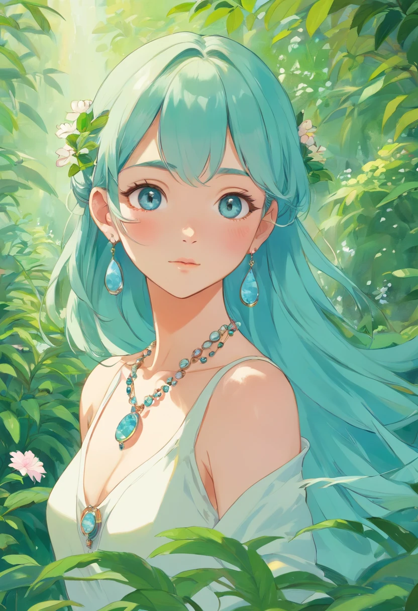 a girl wearing no clothes, a long necklace and earrings, in the style of tranquil gardenscapes, colorful animation stills, masami teraoka, aquamarine, paul gauguin, Embry style, honest portrayal