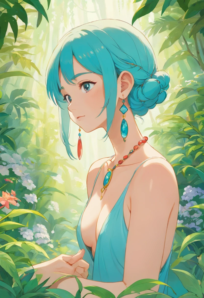 a girl wearing no clothes, a long necklace and earrings, in the style of tranquil gardenscapes, colorful animation stills, masami teraoka, aquamarine, paul gauguin, Embry style, honest portrayal