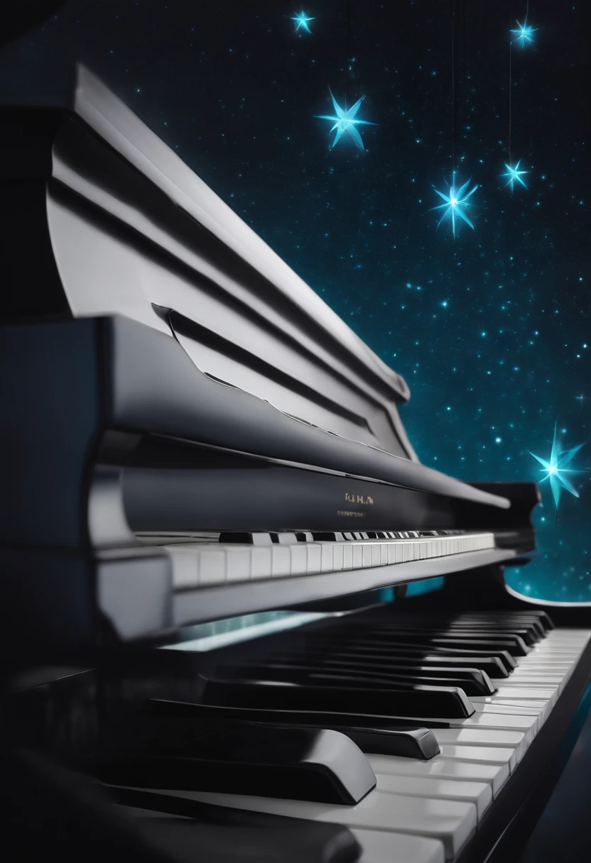 White key inside,Circular piano keyboard,Aquamarine colored lights,Large and small stars twinkle