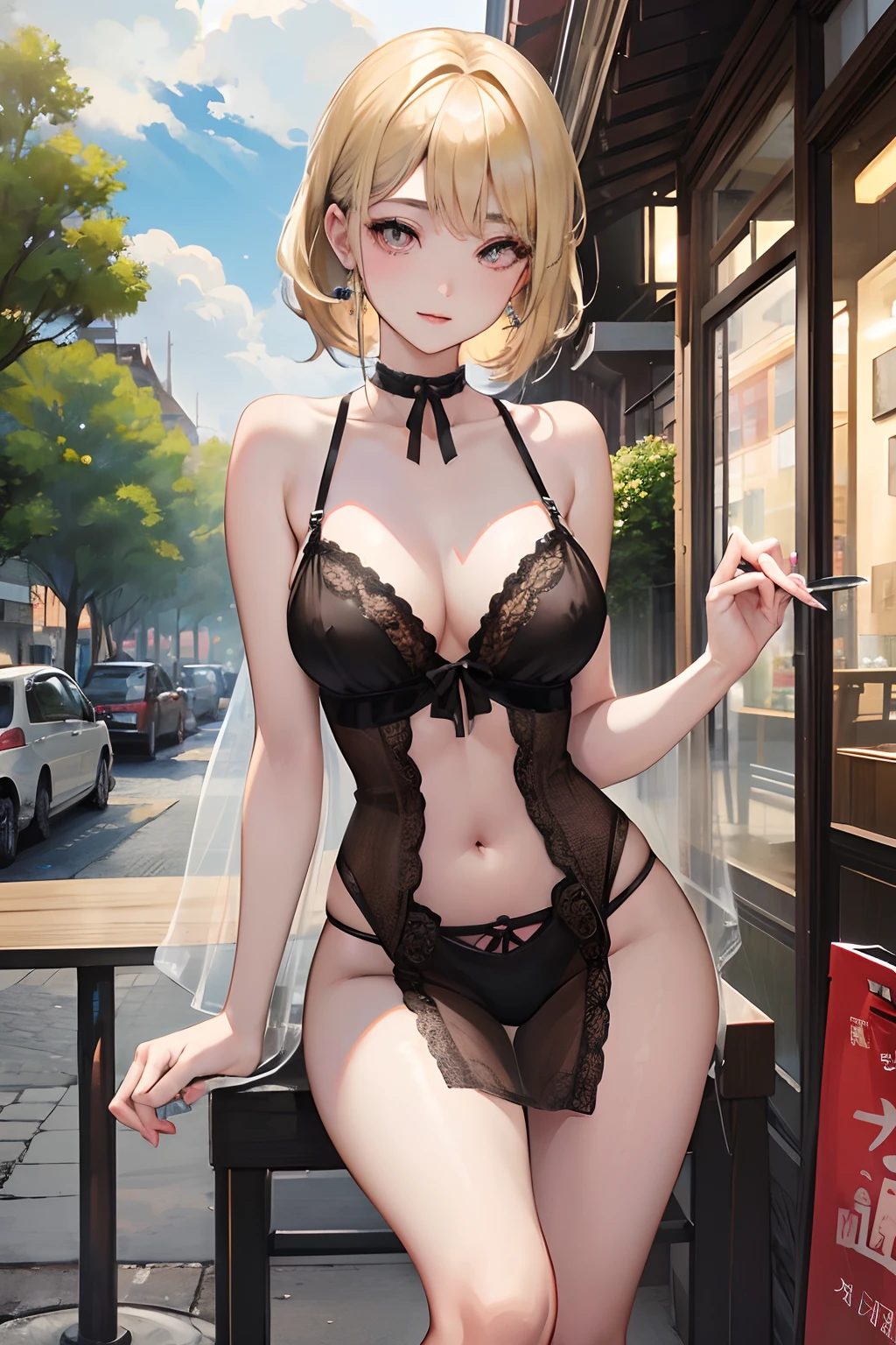 Original photo of an Asian girl (Meticulous eyes look at the audience) Sit in the outdoor café, Lingerie, See-through, Short dress, Puffy erection , Curvy little pale tattooed body, The blonde grinned, High resolution, best quality, sharp focus, perfect beauty,