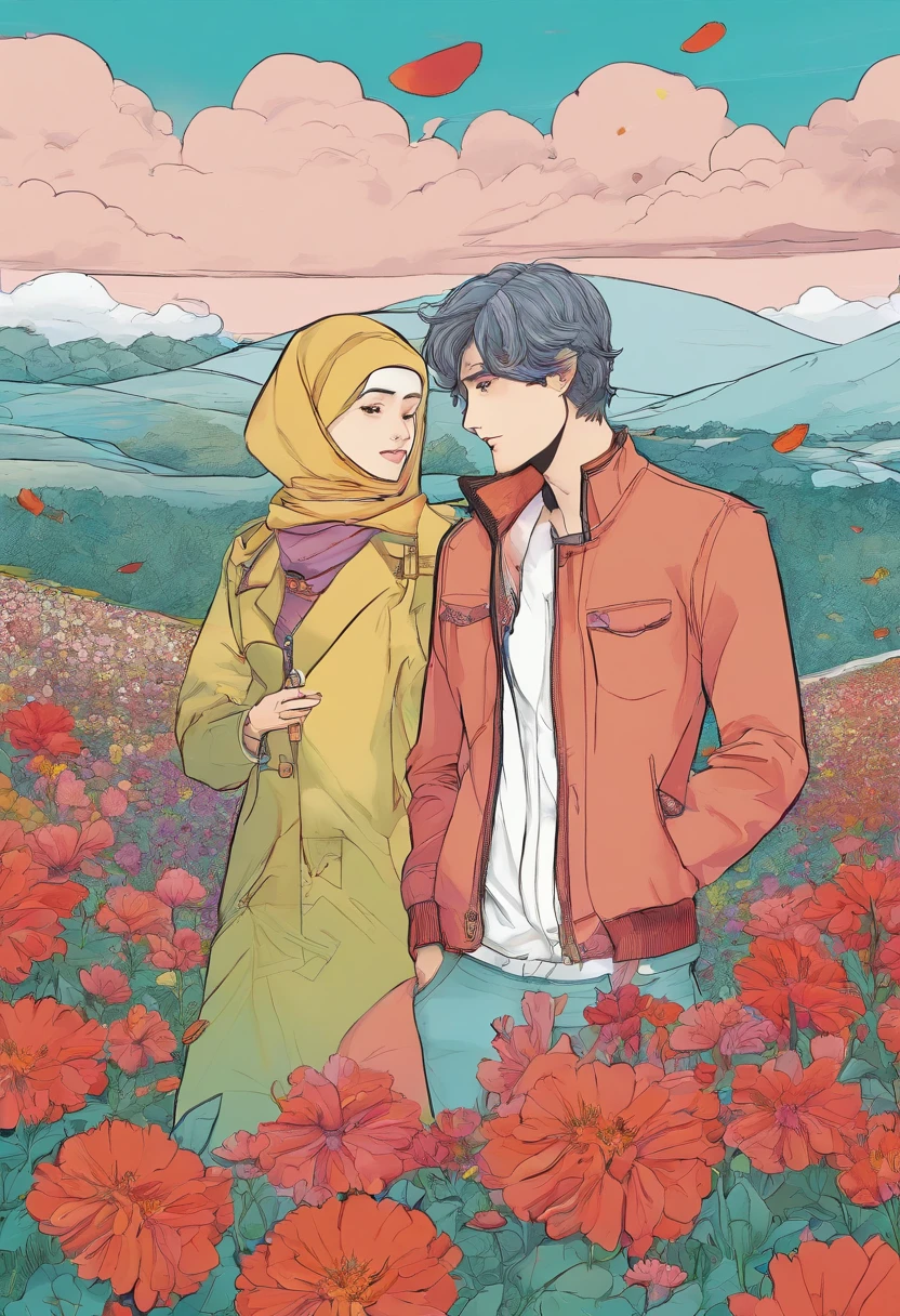 there is a poster of a man and a hijab woman walking through a field of flowers from far angle , . digital art, by Marshall Arisman, cover illustration, , book cover illustration, by Brigette Barrager, album cover, novel cover art for a book, art concept for a book cover, cover art, official fanart, romance book cover style, by Ayami Kojima, mazarineee, album art, album cover!, aquamarine, the album is called tripmachine, detailed fanart, detailed photo of an album cover