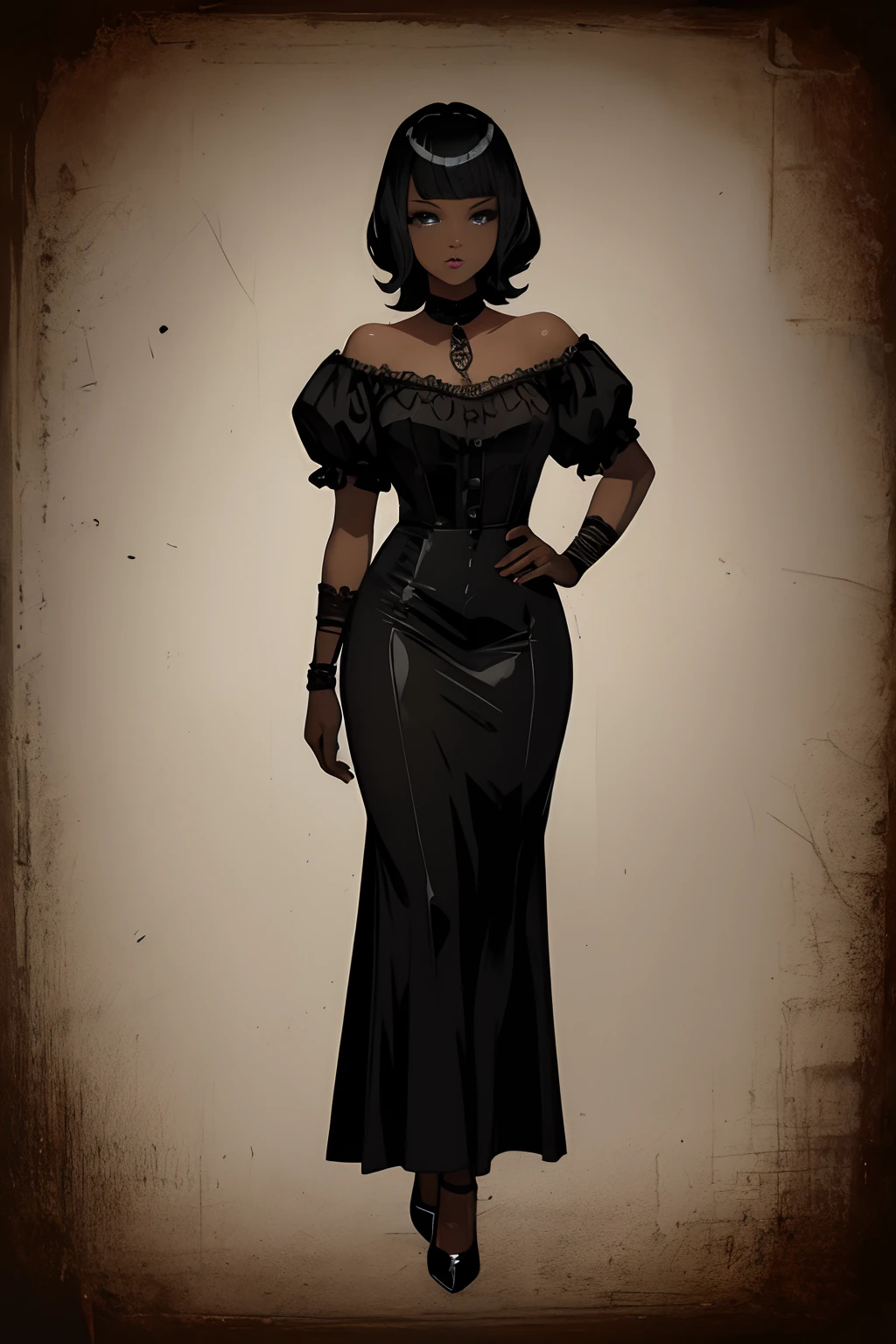 A girl, 1girl, dark skin, full body, vintage horror, 1940s, shapes, gothic, vintage, sexy, anime style, (clear background:1.0)