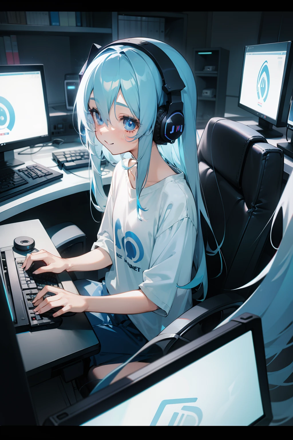 Long ash blue hair, random colored eyes, girl, happy, small, cute, big shirt, computer, gaming, rgb lights, headphones, computer bacground