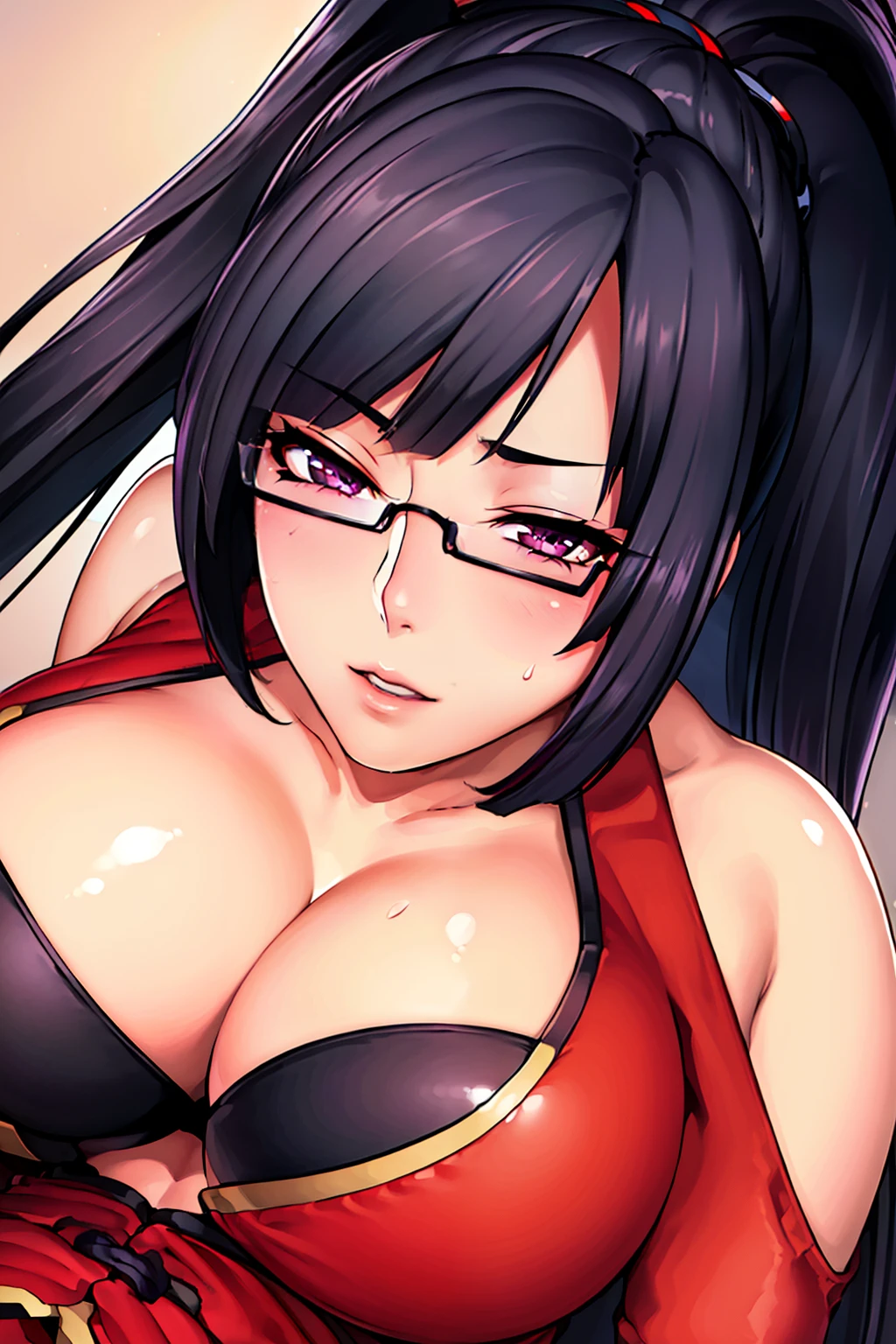 at the bedroom, sitting pose,
Red dress, chinese clothes, cleavage cutout, clothing cutout, bare shoulders, 
semi-rimless eyewear, 
 black hair, very long hair, ponytail,Bangs,purple eyes,
1 girl, 20yo,Young female,Beautiful Finger,Beautiful long legs,Beautiful body,
Beautiful Nose,Beautiful character design, perfect eyes, perfect face,expressive eyes,perfect balance,
looking at viewer,(Focus on whole body),
official art,extremely detailed CG unity 8k wallpaper, perfect lighting,Colorful, Bright_Front_face_Lighting,White skin,
(masterpiece:1.0),(best_quality:1.0), ultra high res,4K,ultra-detailed,
photography, 8K, HDR, highres, absurdres:1.2, Kodak portra 400, film grain, blurry background, bokeh:1.2, lens flare, (vibrant_color:1.2),professional photograph,
(Beautiful,huge_Breasts:1.4), (beautiful_face:1.5),(narrow_waist),