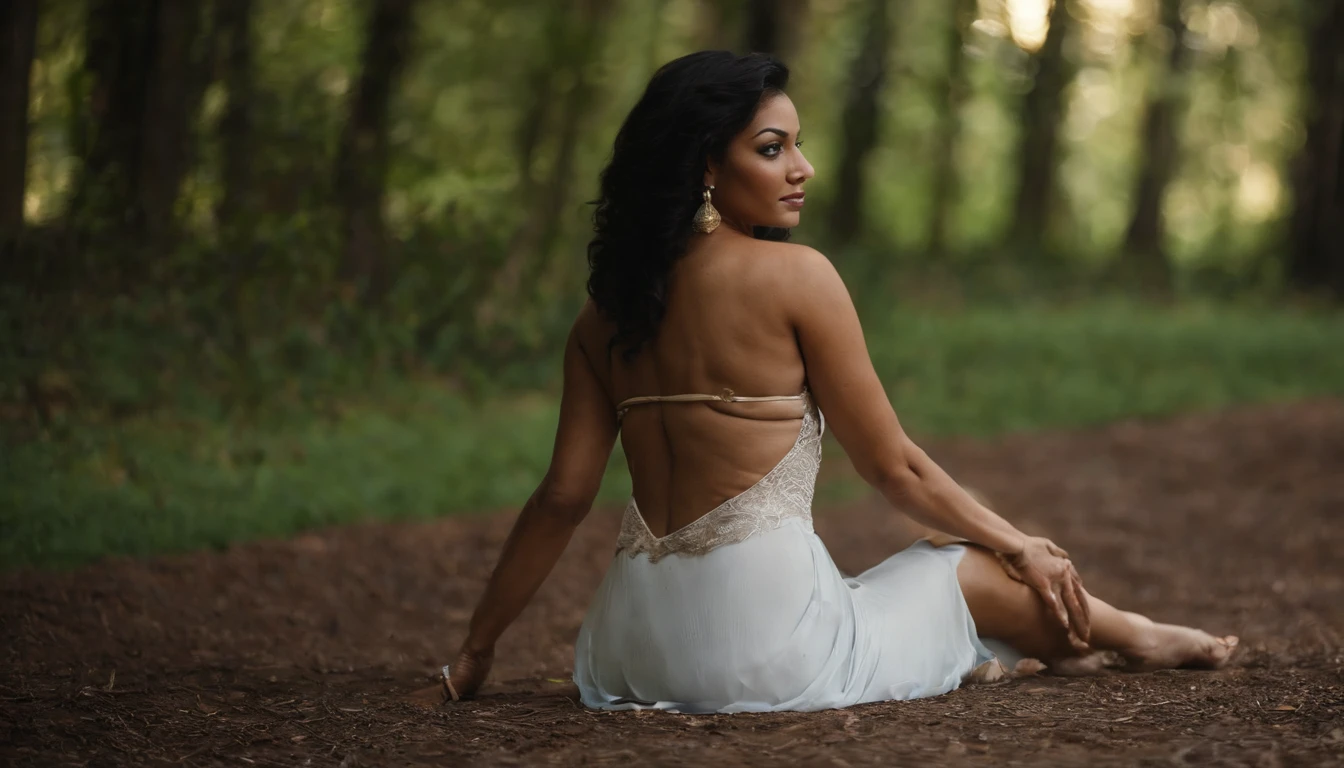 A sexy naked girl with big tits, very sexy, long legs, big buttocks, black hair, green eyes, sexy and naked and she is looking at me with her legs spread, facing me and she has dark black skin