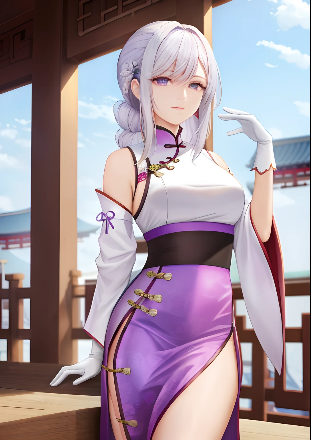 A woman,Watching the view,,White hair,Wear purple robes,Long white gloves are worn on the elbows(Must be above the elbow),Earrings on both ears,Chinese Ancient Architecture