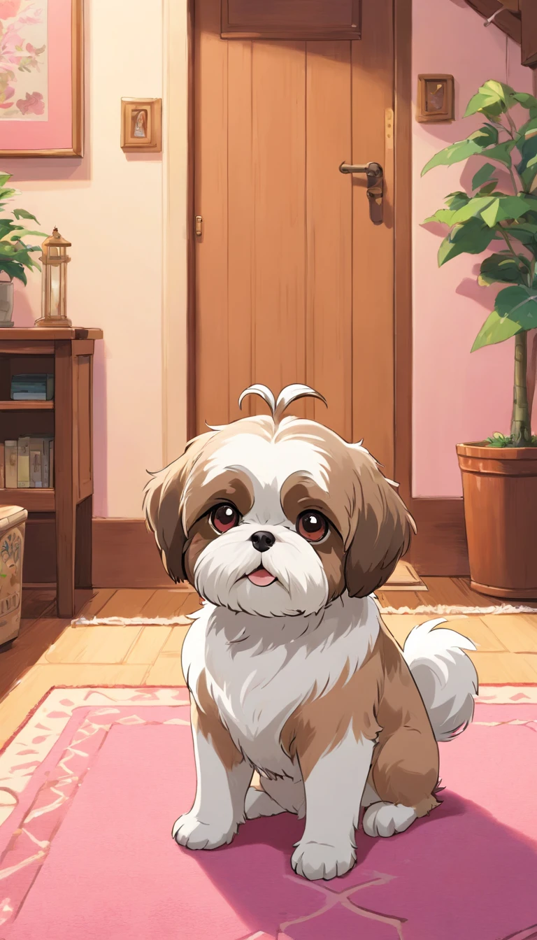 Generate a high-resolution image of a Shih Tzu dog sitting on a cream-colored rug with a geometric pattern. The dog has a distinctive short and stout body, with a round face, large, dark eyes, and a short snout. Its fur is white with light brown patches, particularly around the face and ears. The dog looks directly at the camera with a gentle and inquisitive expression. In the background, there's a pink metal pet gate and a glimpse of a room with wooden flooring and traditional decor. The lighting is warm and natural, suggesting an indoor setting during the daytime.