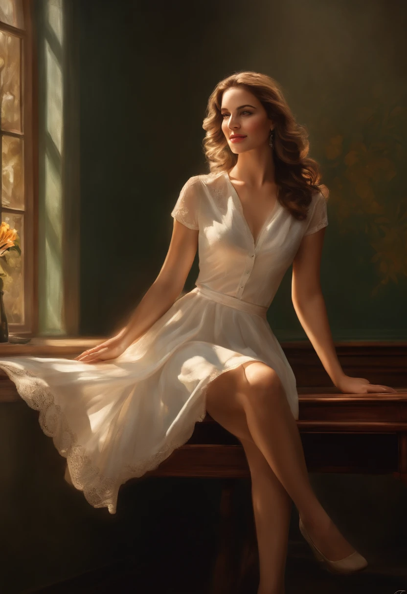 best quality,highres,ultra-detailed,stunning view of a classroom,up-close perspective of a beautiful teacher,exquisite rendering of the teacher's attire,subtle shading,delicate texture of the desk,sensual atmosphere,provocative pose,barefoot teacher,glimpse of her toned legs,mild sunlight casting a warm glow,a hint of mischief in her smile,carefully composed composition,subtle play of light and shadow,soft focus enhancing the dreamlike ambiance,vivid colors highlighting the scene's sensuality,uninhibited confidence in her posture,playful flick of her hair,lustrous skin illuminated by the soft lighting,artistic portrayal of her alluring femininity,thorough attention to detail capturing every curve and contour,artistic abstraction of the background,showcasing her charm and elegance,dramatic contrast enhancing the visual impact,subtle suggestion of movement as she adjusts her skirt,enticing exploration of desire and fantasy,powerful narrative that evokes curiosity and excitement