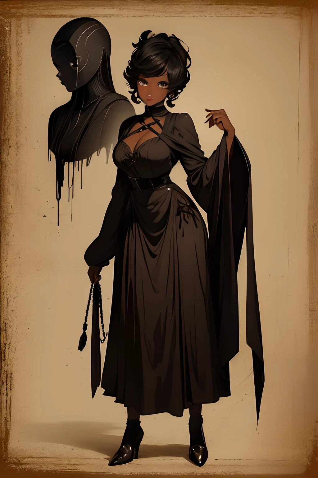 A girl, 1girl, dark skin, full body, vintage horror, 1940s, shapes, gothic, vintage, sexy, anime style, (clear background:1.0)