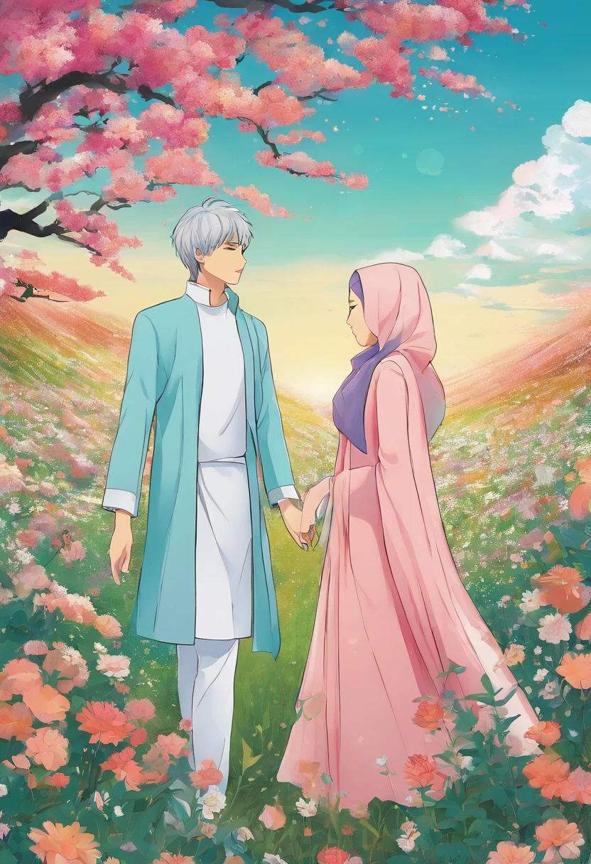 there is a poster of a man and a hijab woman walking through a field of flowers from far angle behind, . digital art, by Marshall Arisman, cover illustration, , book cover illustration, by Brigette Barrager, album cover, novel cover art for a book, art concept for a book cover, cover art, official fanart, romance book cover style, by Ayami Kojima, mazarineee, album art, album cover!, aquamarine, the album is called tripmachine, detailed fanart, detailed photo of an album cover