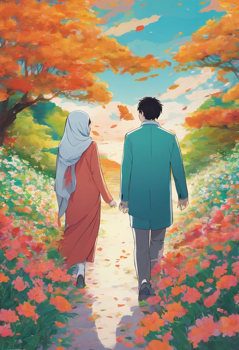there is a poster of a man and a hijab woman walking through a field of flowers from far angle behind, . digital art, by Marshall Arisman, cover illustration, , book cover illustration, by Brigette Barrager, album cover, novel cover art for a book, art concept for a book cover, cover art, official fanart, romance book cover style, by Ayami Kojima, mazarineee, album art, album cover!, aquamarine, the album is called tripmachine, detailed fanart, detailed photo of an album cover