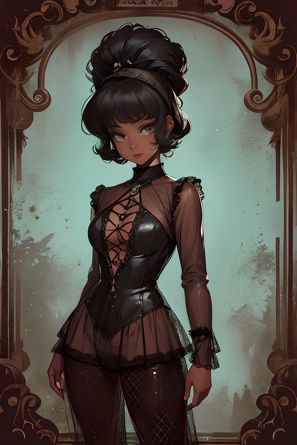 A girl, 1girl, dark skin, full body, vintage horror, 1940s, shapes, gothic, vintage, sexy, anime style, (clear background:1.0)