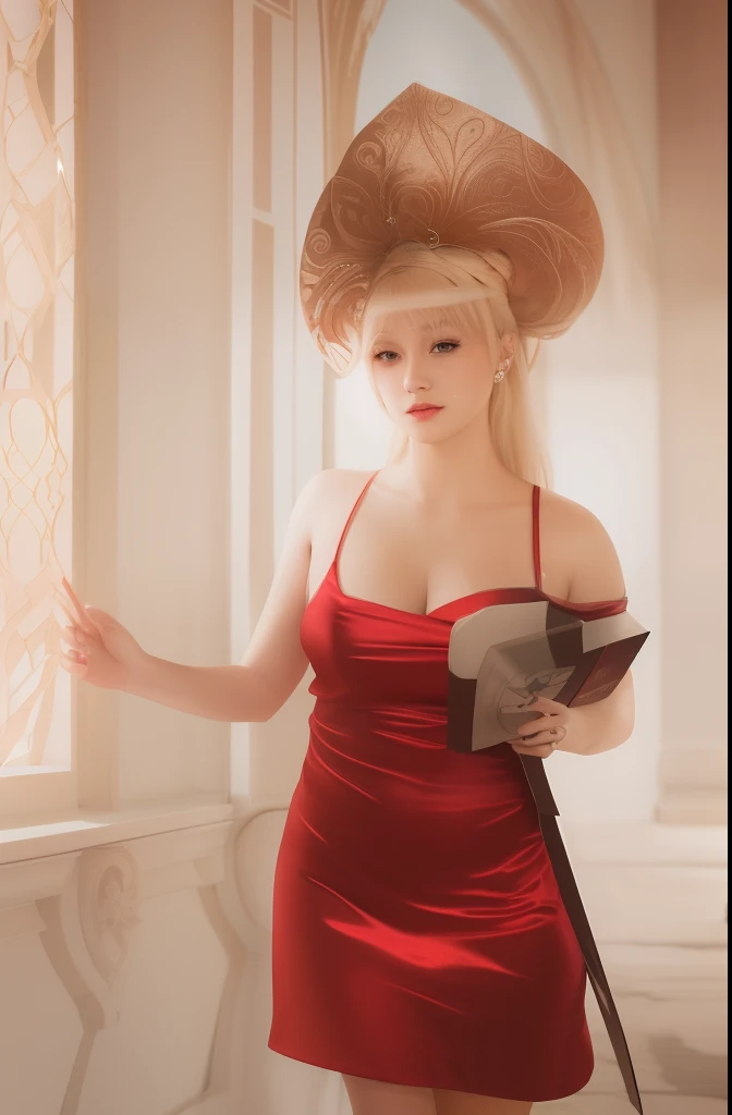 Aesthetically pleasing works of art, The woman, blonde hair, Black Eyes, straight hair, flushed cheeks, full lips, Mischievous gaze, light brown skin, short red dress, Sexy Physical, ((Silk dress without wrinkles))