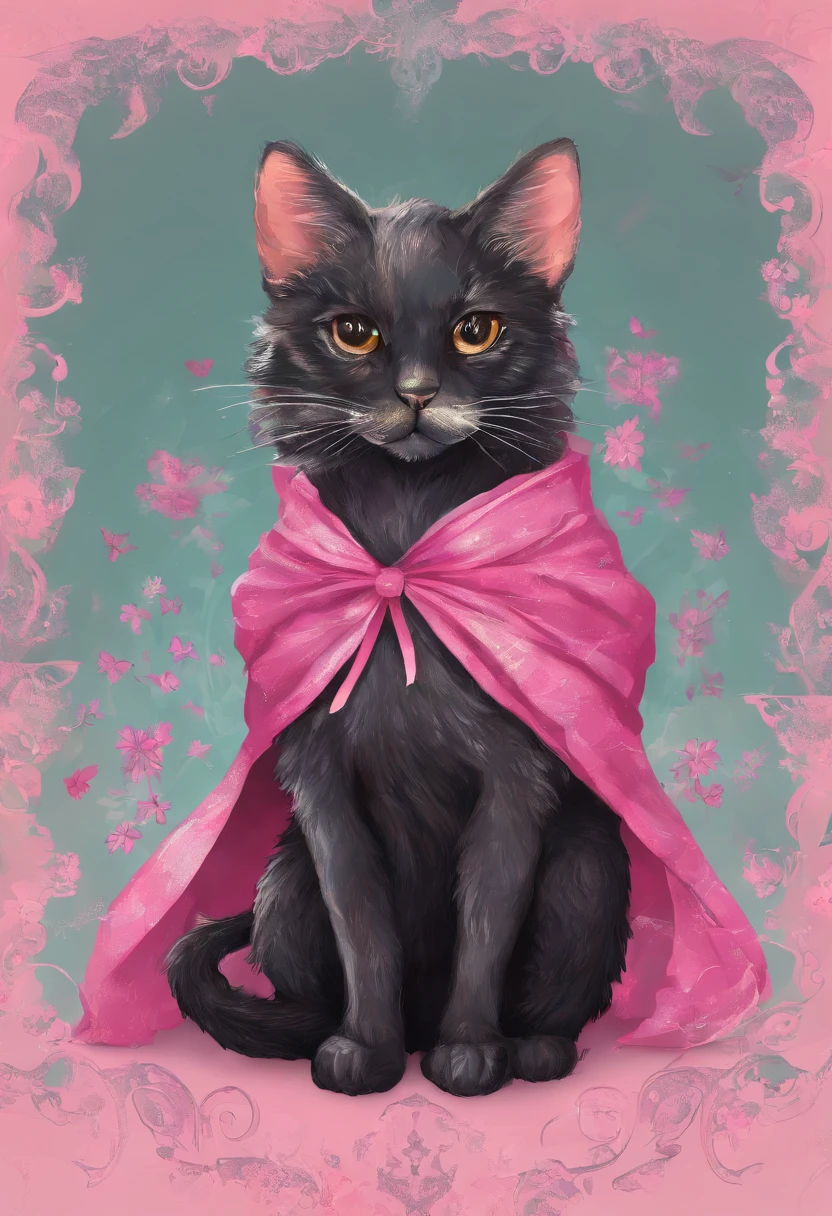little tortoiseshell bobtail cat wearing big black and pink robes