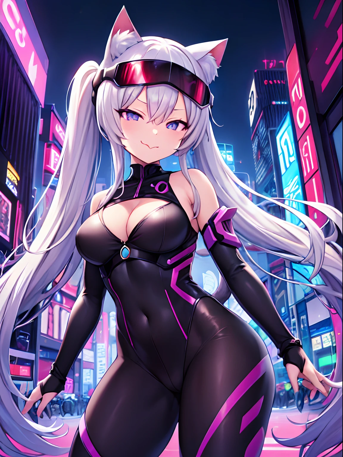 (masutepiece),(Best Quality),extremely delicate and beautiful,Illustration,((Perfect female figure)),maturefemale,1 Rider Girl,i:P Masquerena, body suit,black very long hair,Twin-tailed, Purple eyes, Background of Cyberpunk City,Cat Ear Helmet,