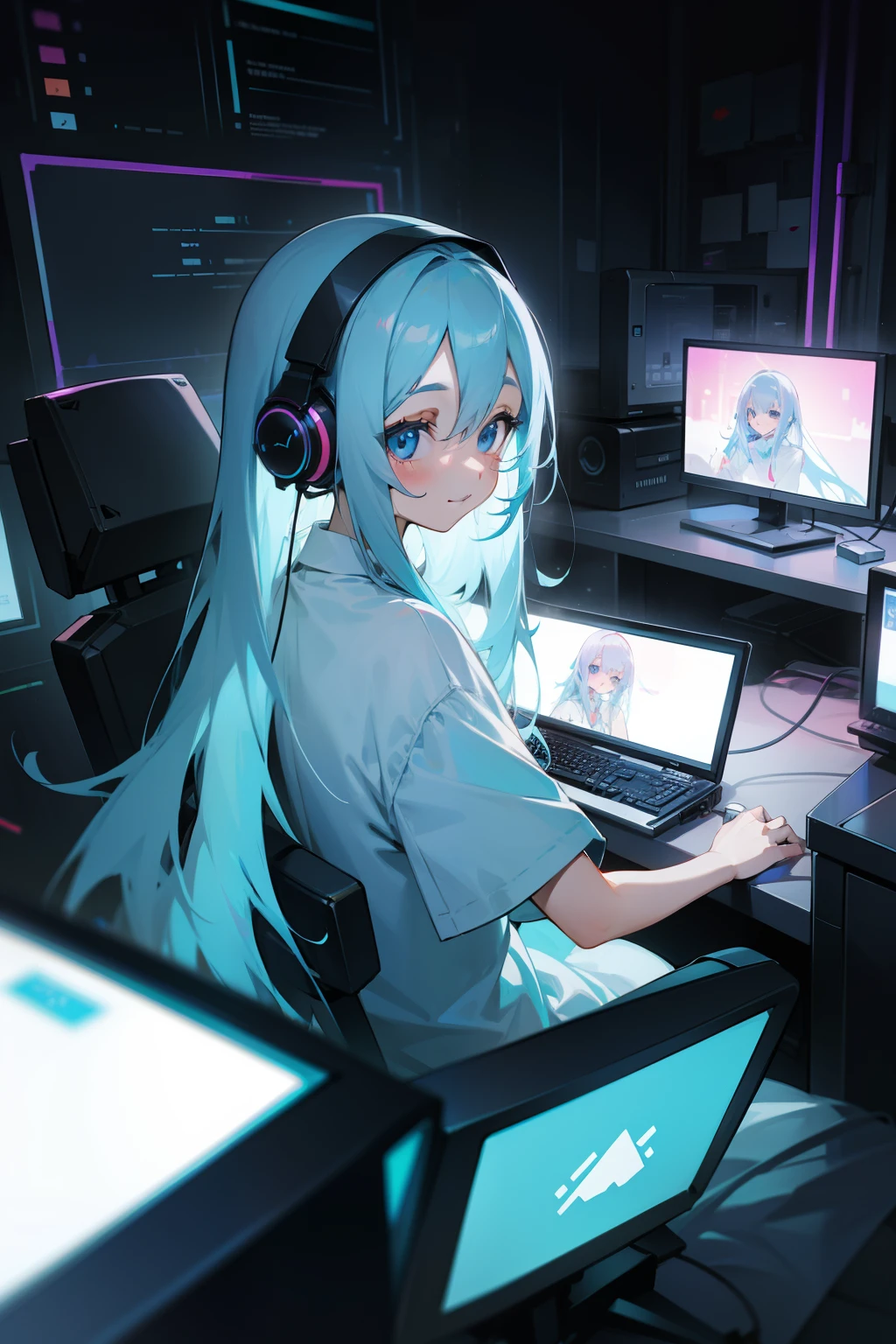Long ash blue hair, random colored eyes, girl, happy, small, cute, big shirt, computer, gaming, rgb lights, headphones, computer bacground