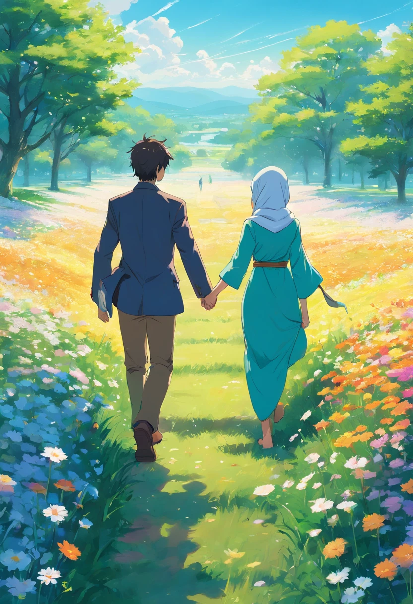 there is a poster of a man and a hijab woman walking through a field of flowers from far angle , . digital art, by Marshall Arisman, cover illustration, , book cover illustration, by Brigette Barrager, album cover, novel cover art for a book, art concept for a book cover, cover art, official fanart, romance book cover style, by Ayami Kojima, mazarineee, album art, album cover!, aquamarine, the album is called tripmachine, detailed fanart, detailed photo of an album cover