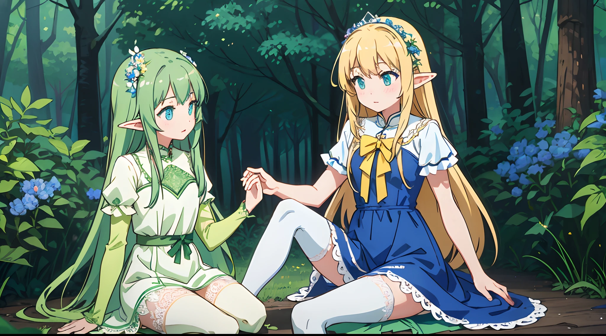 Long hair green girl,blue color eyes,Elf style,Wearing a long green lace dress,The scene is in the forest,Over-the-knee white lace stockings,Sit on a yellow deer,Holding a pale blue flower in his hand。
