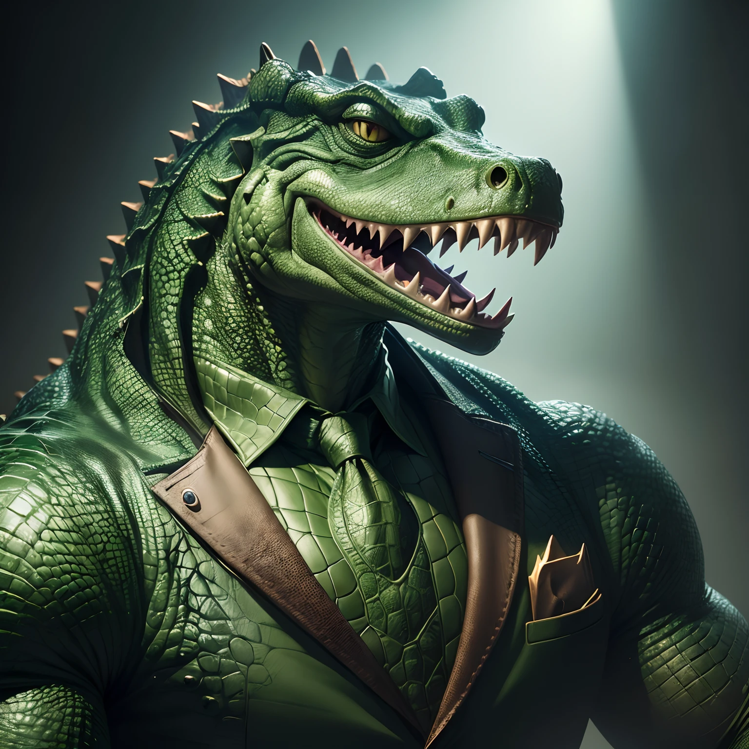 (best quality,ultra-detailed,realistic:1.37),humanoid crocodile with a scaly body and crocodile head,wearing a suit,illustration texture,sharp focus,vivid colors,studio lighting,portraits,green color palette.
