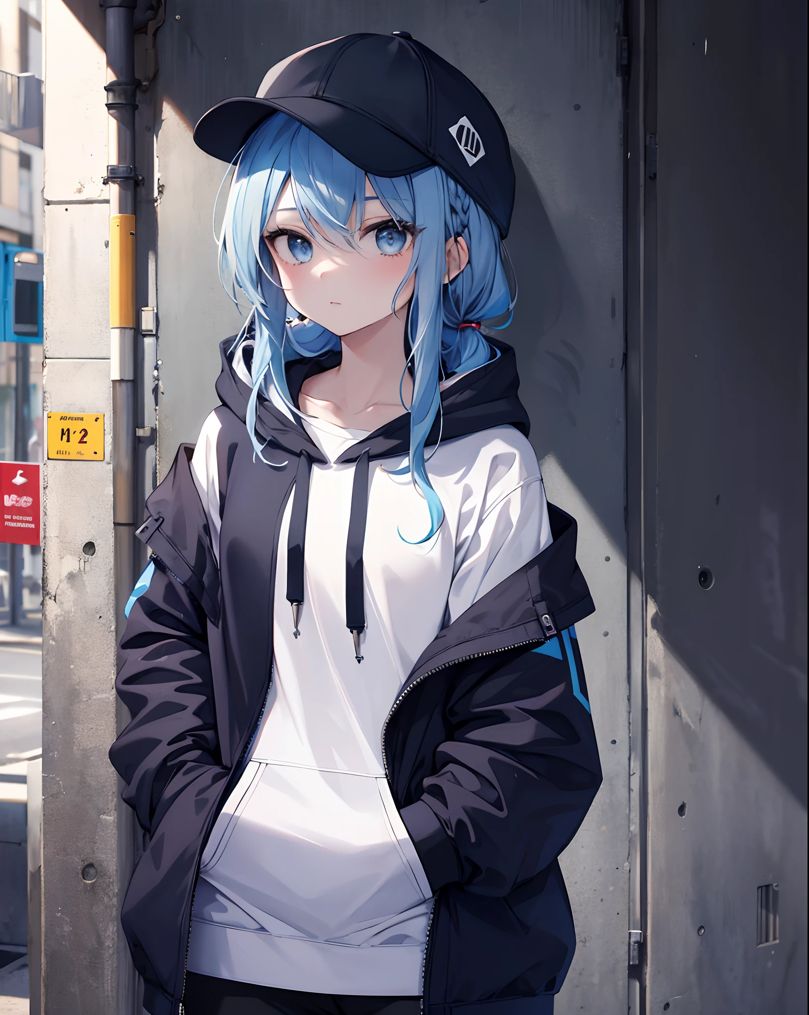 masterpiece,1girl,solo,long hair,blue hair,hoodie,off shoulder:1.2, mob cap, street,hand on hip, hand in pocket,