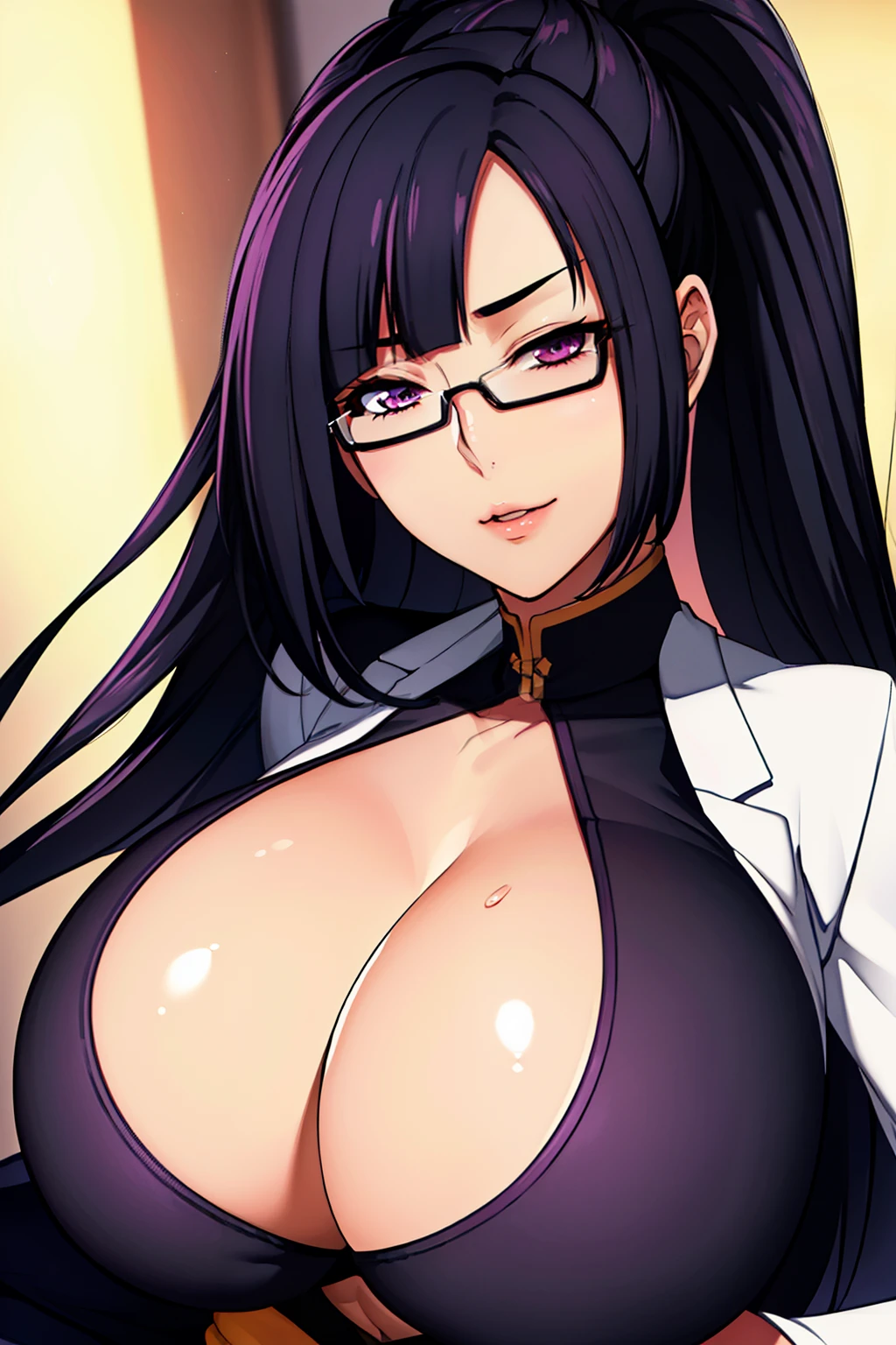 at the bedroom, sitting pose, doctor clothes, semi-rimless eyewear, black hair, very long hair, ponytail,Bangs,purple eyes, 1 girl, 20yo,Young female,Beautiful Finger,Beautiful long legs,Beautiful body, Beautiful Nose,Beautiful character design, perfect eyes, perfect face,expressive eyes,perfect balance, looking at viewer,(Focus on whole body), official art,extremely detailed CG unity 8k wallpaper, perfect lighting,Colorful, Bright_Front_face_Lighting,White skin, (masterpiece:1.0),(best_quality:1.0), ultra high res,4K,ultra-detailed, photography, 8K, HDR, highres, absurdres:1.2, Kodak portra 400, film grain, blurry background, bokeh:1.2, lens flare, (vibrant_color:1.2),professional photograph, (Beautiful,huge_Breasts:1.4), (beautiful_face:1.5),(narrow_waist),