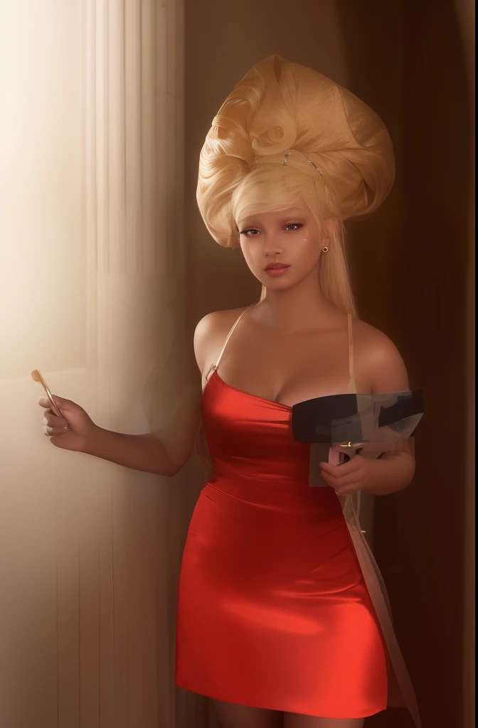Aesthetically pleasing works of art, The woman, blonde hair, Black Eyes, straight hair, flushed cheeks, full lips, Mischievous gaze, light brown skin, short red dress, Sexy Physical, ((Silk dress without pleats)), (((Dress without pleats)))
