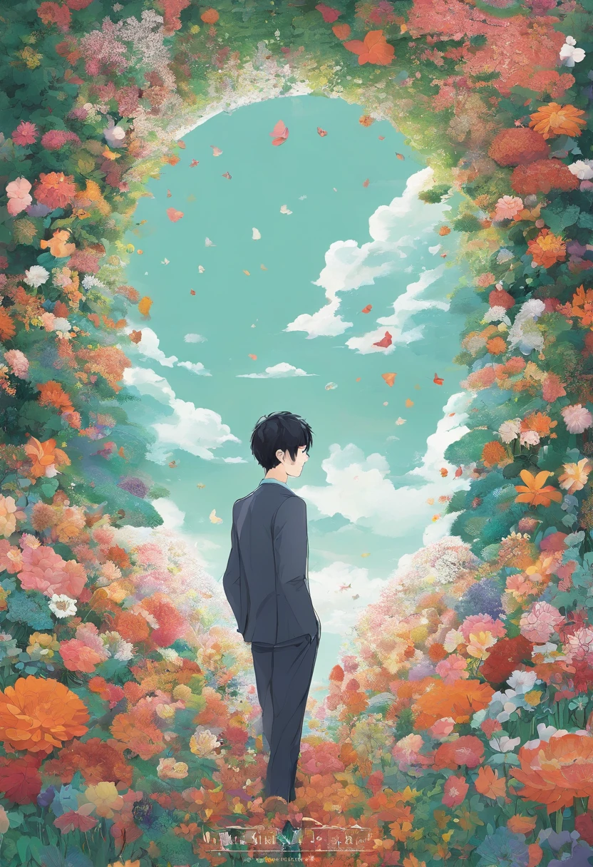 there is a poster of a man walking through a field of flowers from far angle , . digital art, by Marshall Arisman, cover illustration, , book cover illustration, by Brigette Barrager, album cover, novel cover art for a book, art concept for a book cover, cover art, official fanart, romance book cover style, by Ayami Kojima, mazarineee, album art, album cover!, aquamarine, the album is called tripmachine, detailed fanart, detailed photo of an album cover