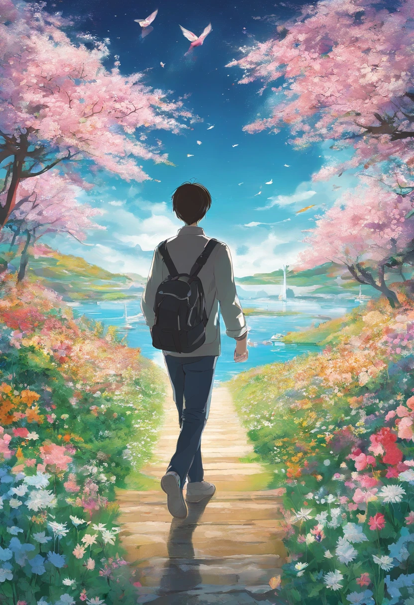 there is a poster of a man  walking through a field of flowers from far angle , . digital art, by Marshall Arisman, cover illustration, , book cover illustration, by Brigette Barrager, album cover, novel cover art for a book, art concept for a book cover, cover art, official fanart, romance book cover style, by Ayami Kojima, mazarineee, album art, album cover!, aquamarine, the album is called tripmachine, detailed fanart, detailed photo of an album cover