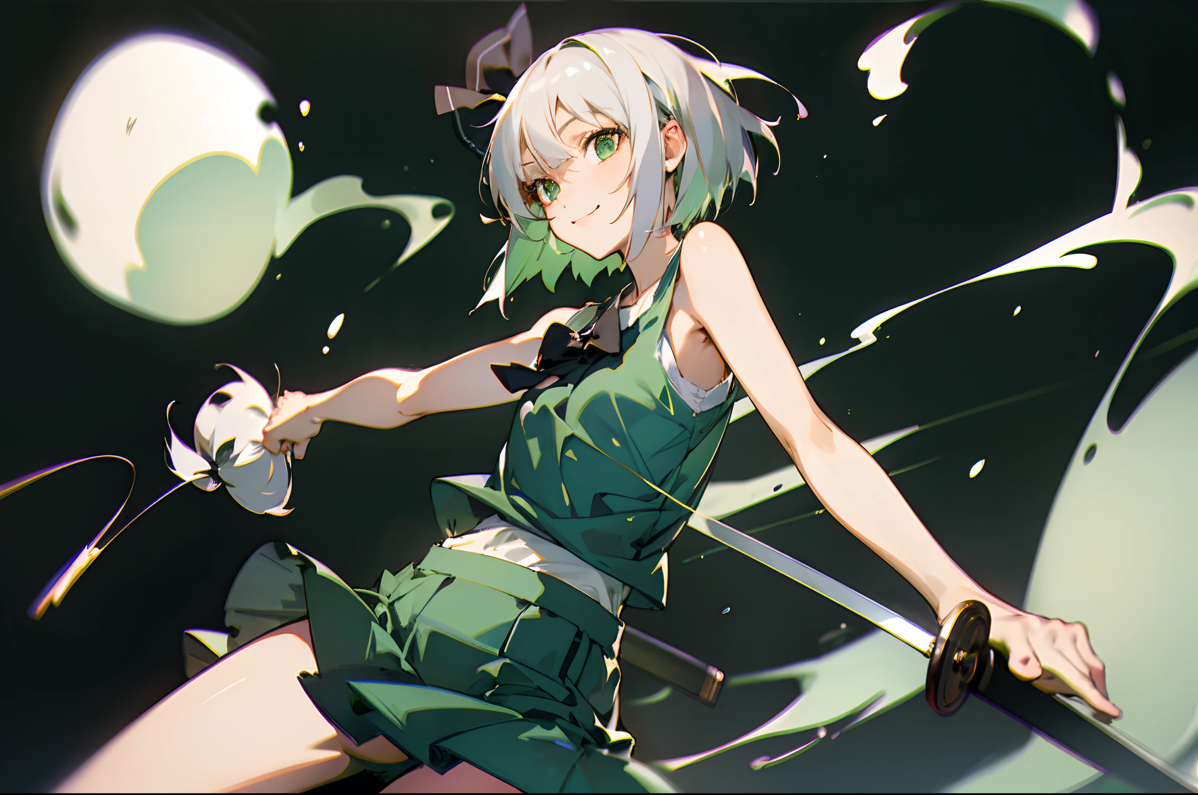 Masterpiece, Best quality, 1girll, White hair,Short hair,Hair ribbon,shairband, Green eyes,bow,White shirt,green tank top,Green skirt,Cowboy shot, Smile,konpaku youmu (ghost),greybackground, arma, sword,