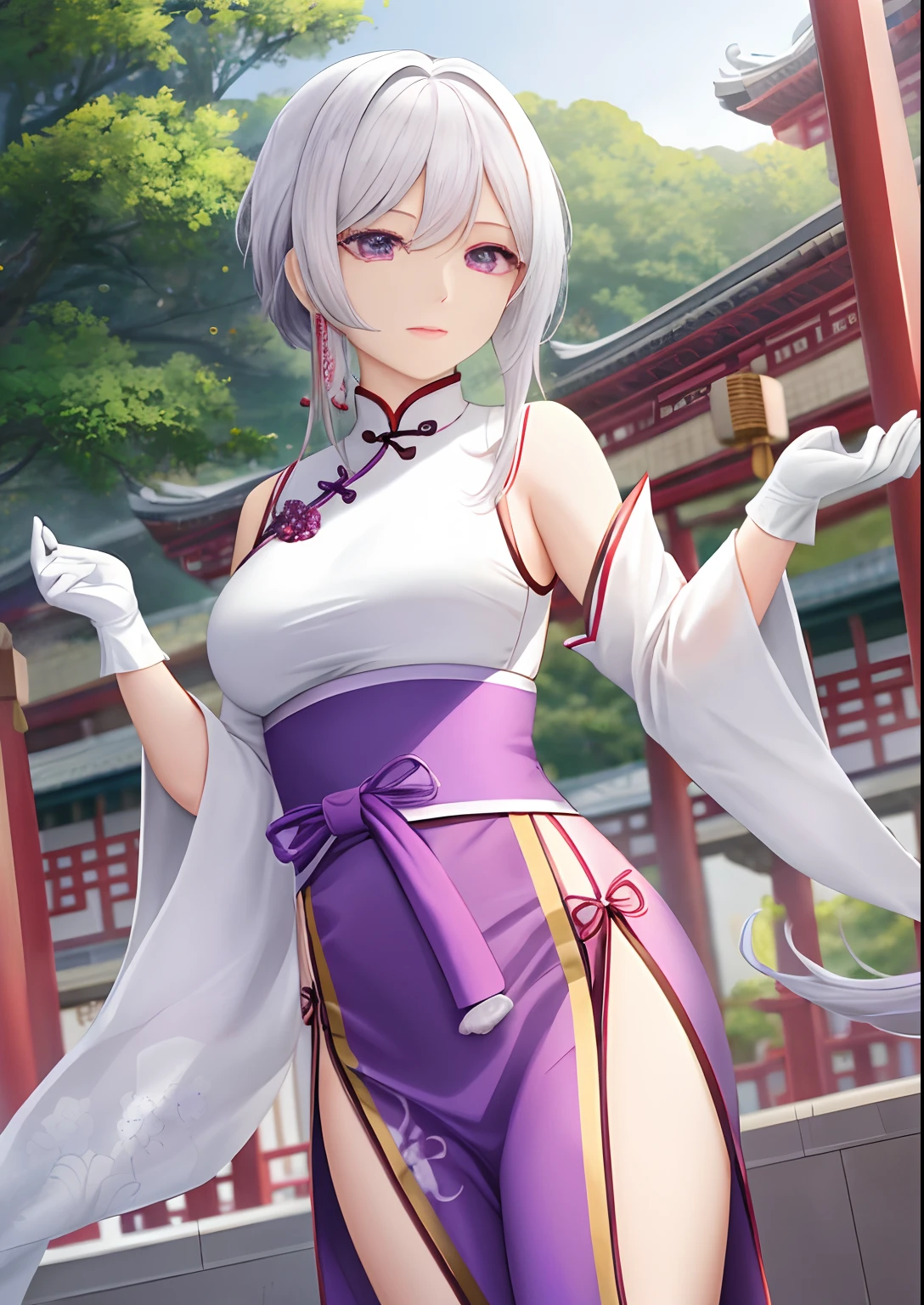 Two-dimensional painting style,24-year-old woman,White hair,put on purple robe,Long white gloves are worn on the elbows(Must be above the elbow),Chinese style architecture