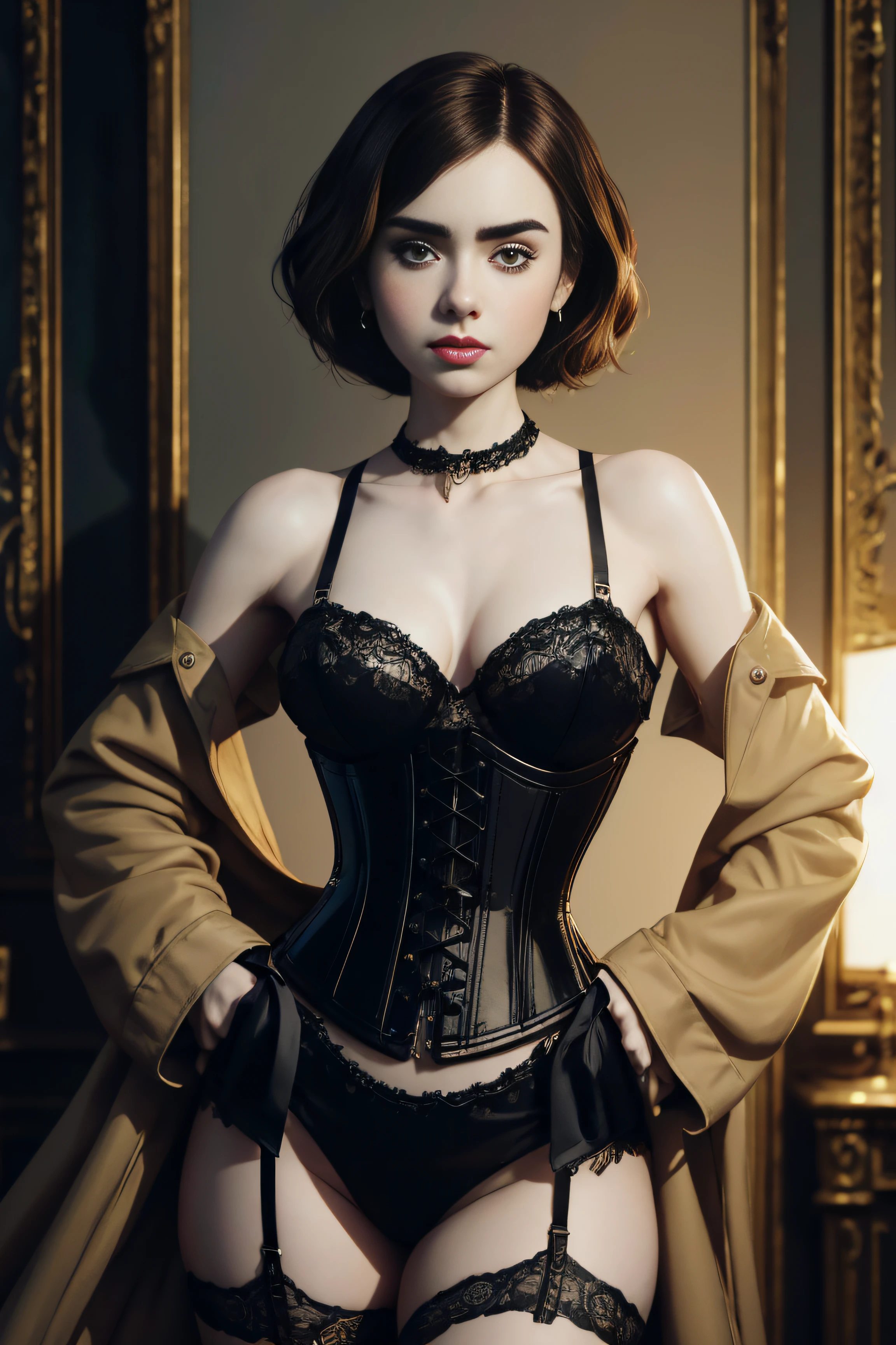 Lily Collins, wearingelegant stockings corset sexy clothes, stand in paris, character portrait, 3 9 9 0 s, short hair, intricate, elegant, highly detailed, digital painting, artstation, concept art, smooth, sharp focus, illustration, art by wlop, charlie bowater and alexandra fomina