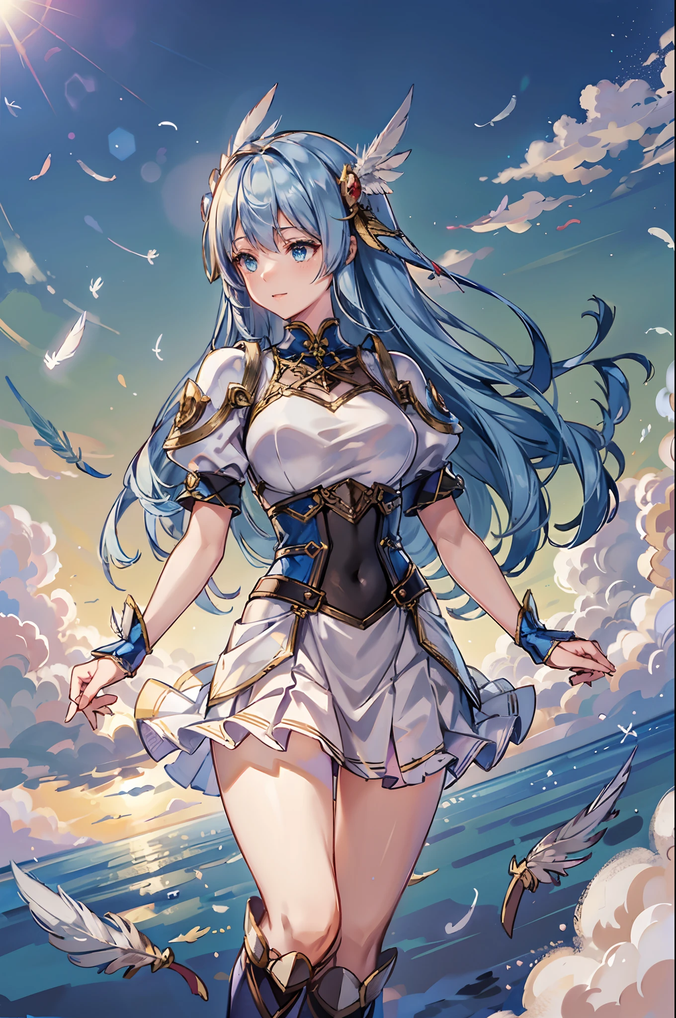 ((4K,masutepiece,Best Quality)), maxiskit, dress conservatively 1 girl, Solo, Full body, wide shoot,(((Cute angel flying in the blue sky))), Fantasy, Big Angel Wings, Big smile, Long blue hair、Twin-tailed、Delicate eyes, beautifullydetailedbackground, (on clouds), (Full speed、Full flight towards the lens)、 (2 large feathers:1.3), Lens Flare,