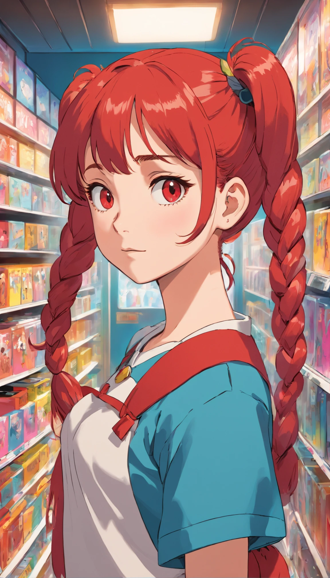  girl, Pigtails hairstyle, And red hair, With a depraved face, Wear 80s clothes, She is inside a vinyl store.