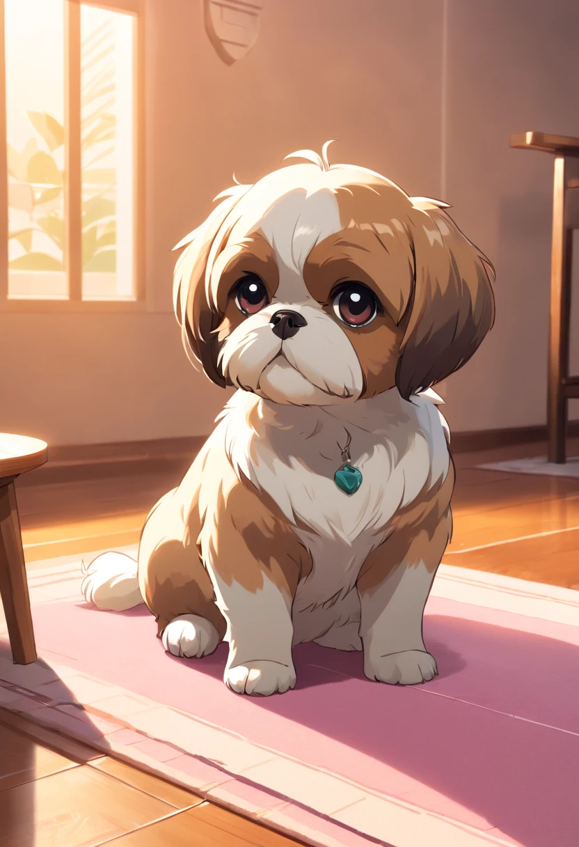 Generate a high-resolution image of a Shih Tzu dog sitting on a cream-colored rug with a geometric pattern. The dog has a distinctive short and stout body, with a round face, large, dark eyes, and a short snout. Its fur is white with light brown patches, particularly around the face and ears. The dog looks directly at the camera with a gentle and inquisitive expression. In the background, there's a pink metal pet gate and a glimpse of a room with wooden flooring and traditional decor. The lighting is warm and natural, suggesting an indoor setting during the daytime