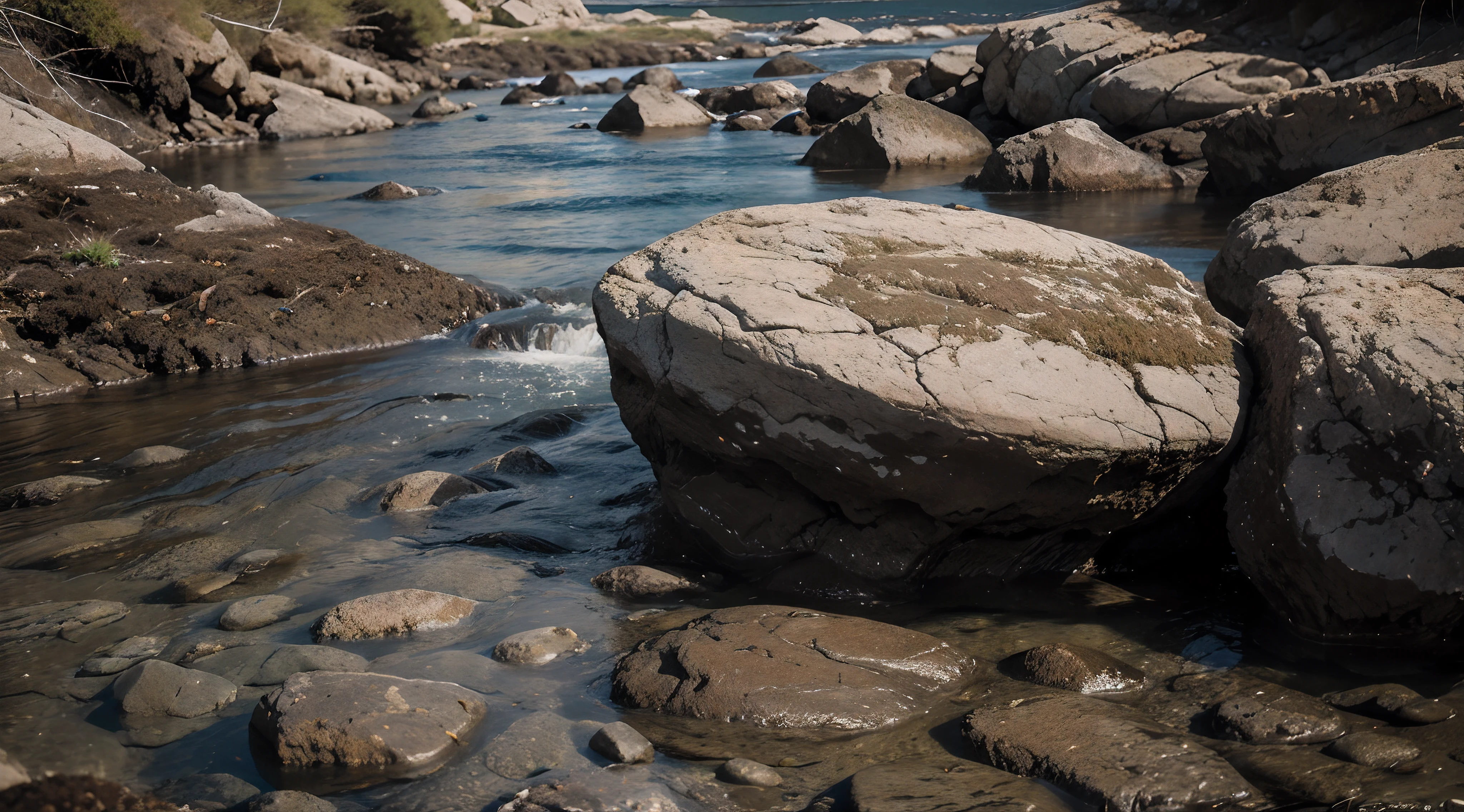 river, 4k, nature, close-up camera, rock, shore, central rock, mud, angle lens, cinematic colors, low angle