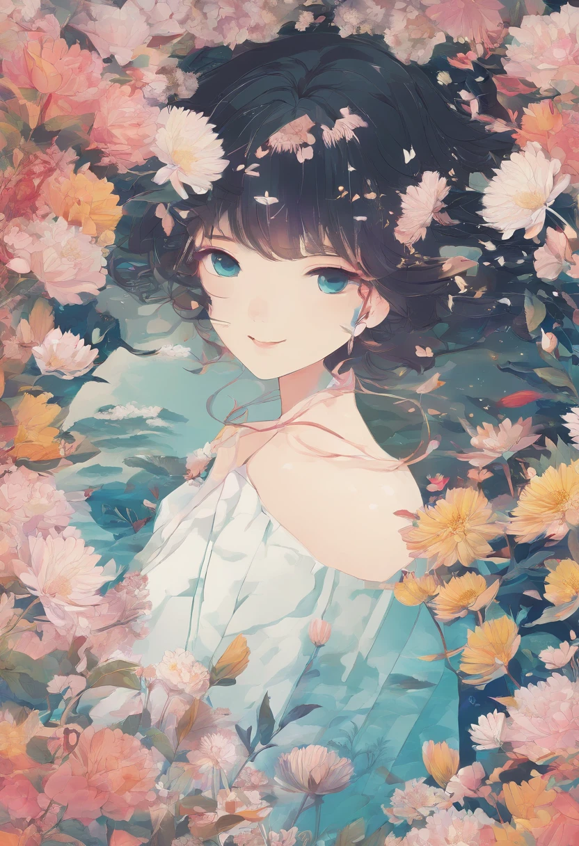 there is a poster of a woman walking through a field of flowers from far angle , . digital art, by Marshall Arisman, cover illustration, , book cover illustration, by Brigette Barrager, album cover, novel cover art for a book, art concept for a book cover, cover art, official fanart, romance book cover style, by Ayami Kojima, mazarineee, album art, album cover!, aquamarine, the album is called tripmachine, detailed fanart, detailed photo of an album cover